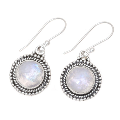 Moonlight Dots Round Rainbow Moonstone Dangle Earrings from India