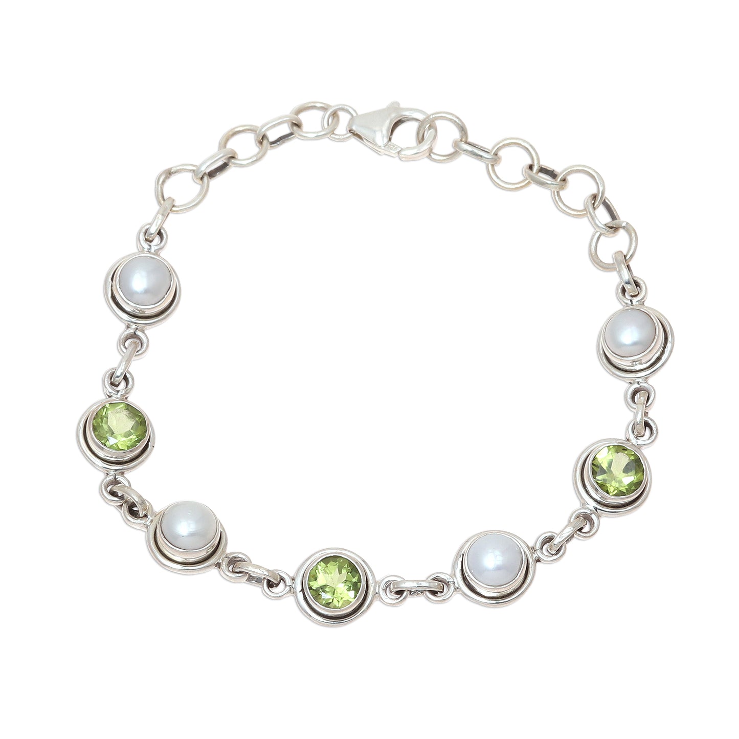 Elegant Glitter Peridot and Cultured Pearl Link Bracelet from India