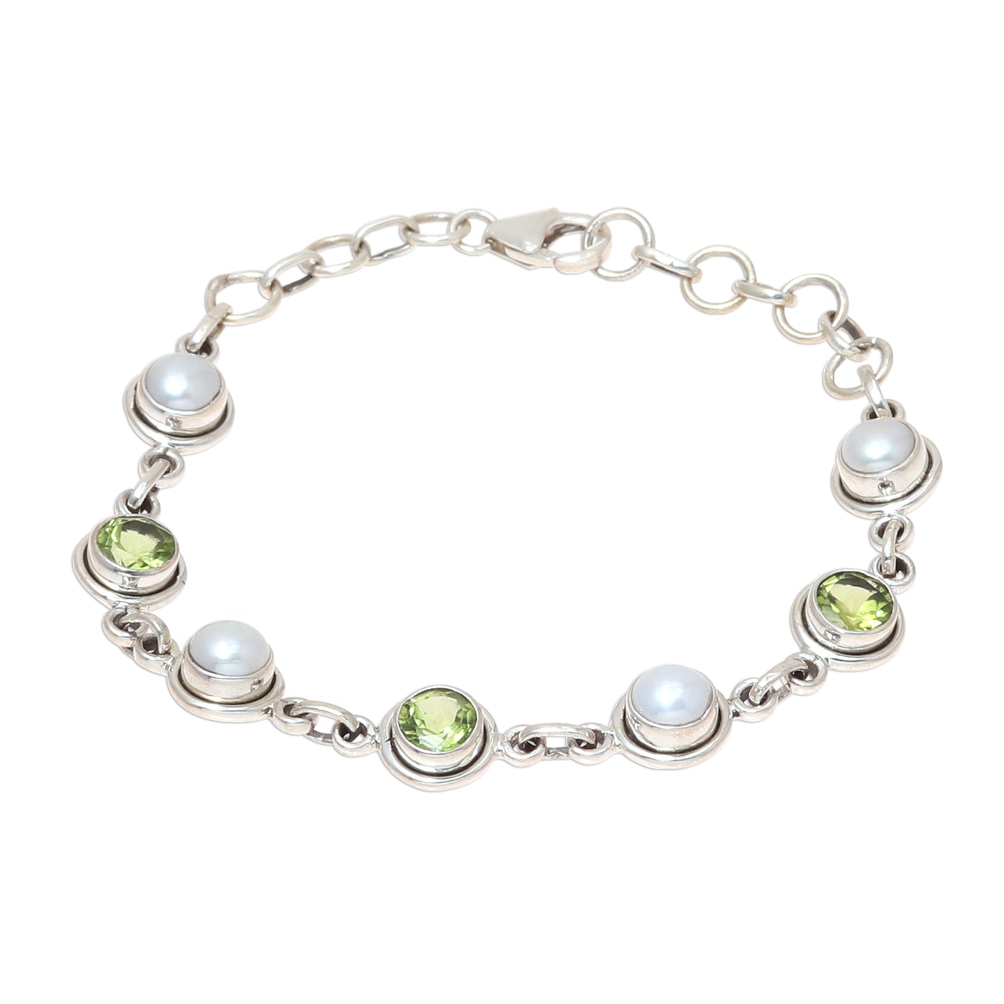 Elegant Glitter Peridot and Cultured Pearl Link Bracelet from India