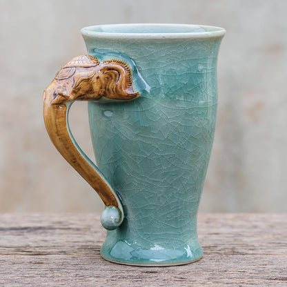 Elephant Handle in Green Elephant-Themed Celadon Ceramic Mug from Thailand