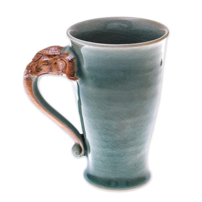 Elephant Handle in Green Elephant-Themed Celadon Ceramic Mug from Thailand