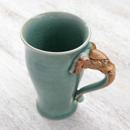 Elephant Handle in Green Elephant-Themed Celadon Ceramic Mug from Thailand