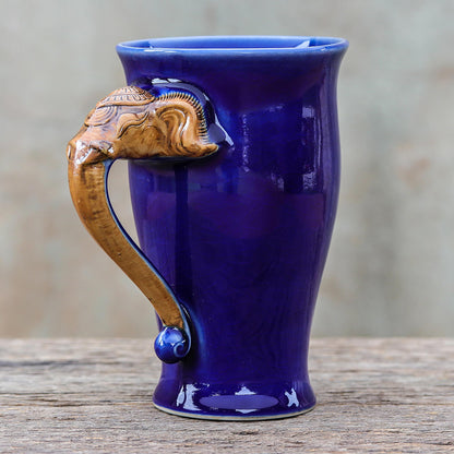 Elephant Handle in Blue Thai Elephant-Themed Celadon Ceramic Mug in Blue