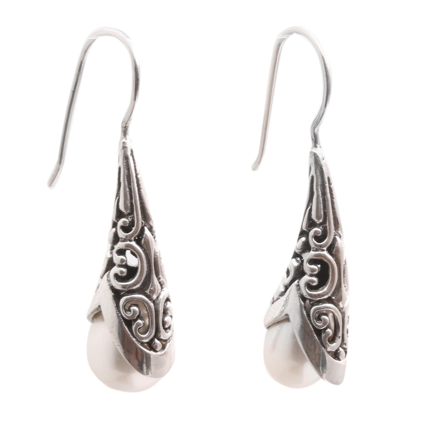 Emerging Beauty in White White Cultured Pearl Drop Earrings from Bali