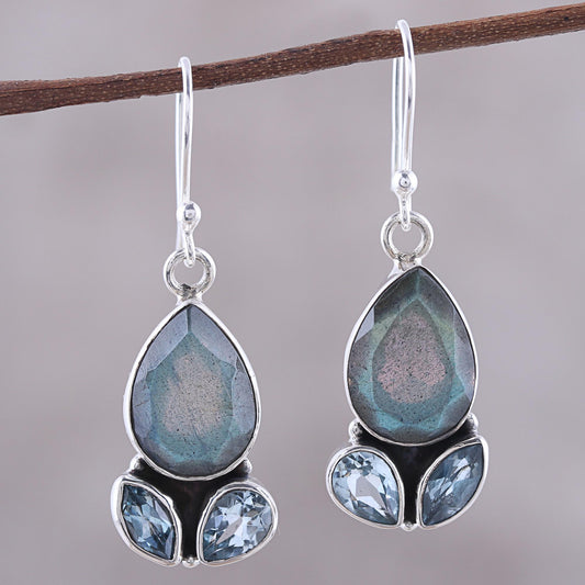 Misty Rain Labradorite and Blue Topaz Sterling Silver Dangle Earrings