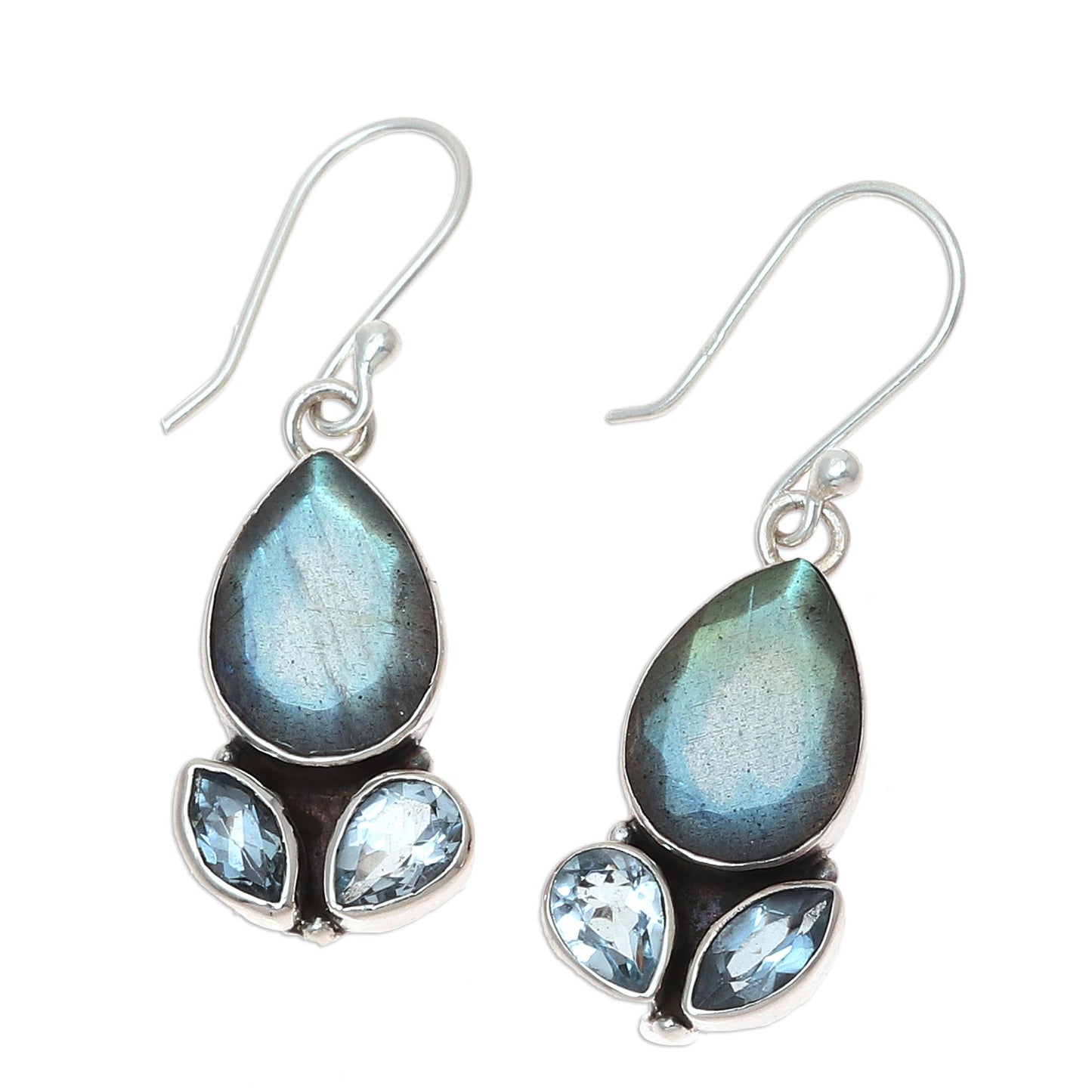 Misty Rain Labradorite and Blue Topaz Sterling Silver Dangle Earrings