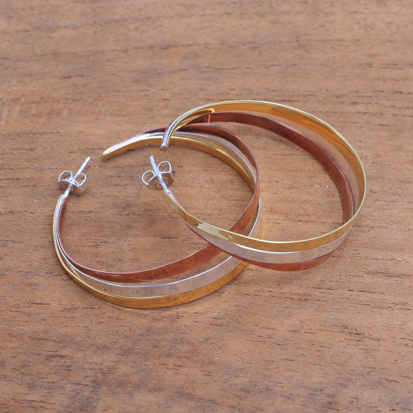 Metallic Rainbow Gold Accent Sterling Silver Half-Hoop Earrings from Bali