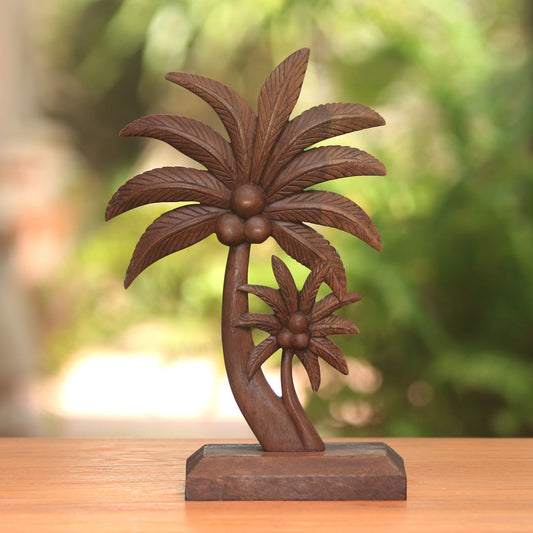 Coconut Trees Hand-Carved Wood Coconut Tree Statuette from Bali