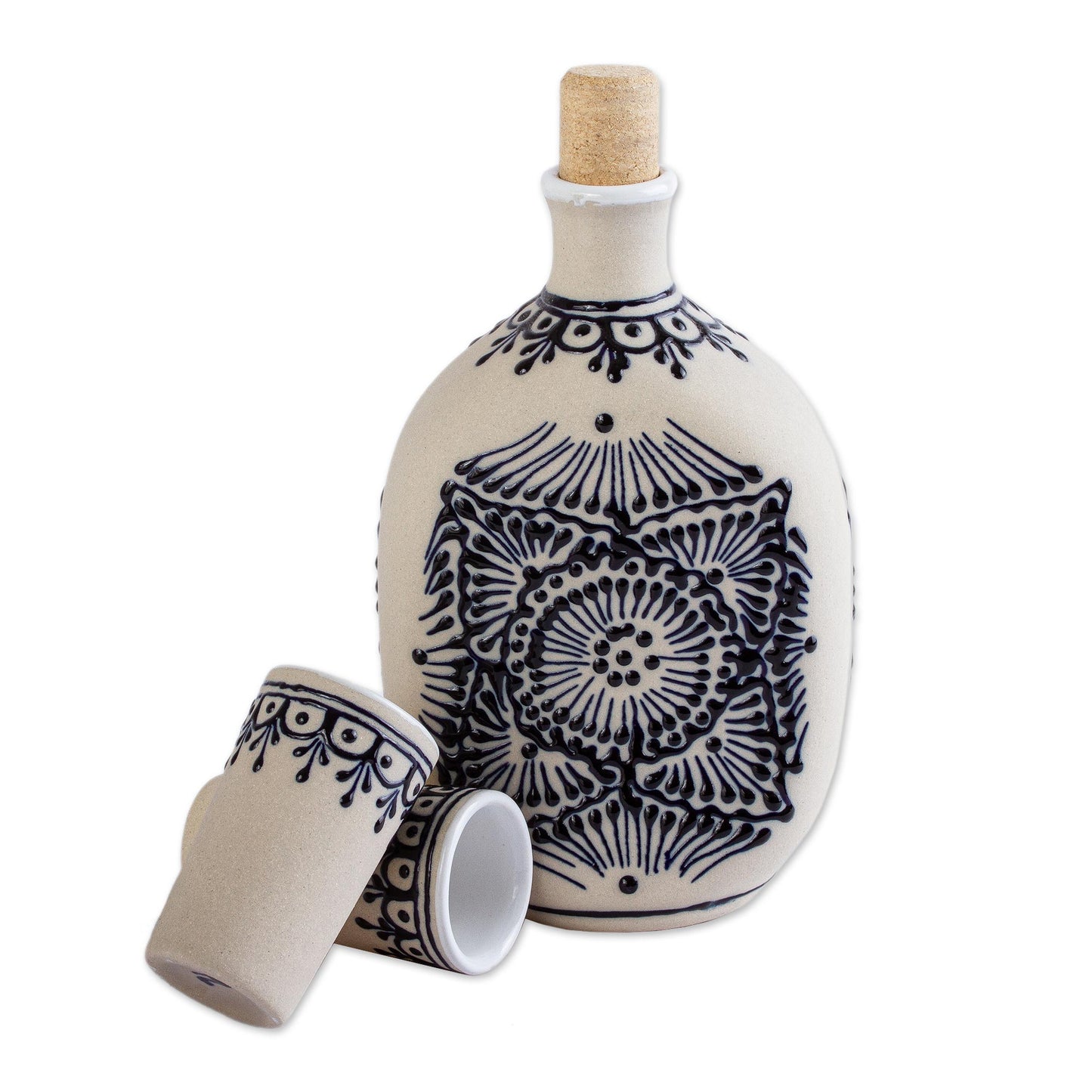 Traditional Spirit Beige Talavera Style Tequila Decanter and Glasses (Set of 3)