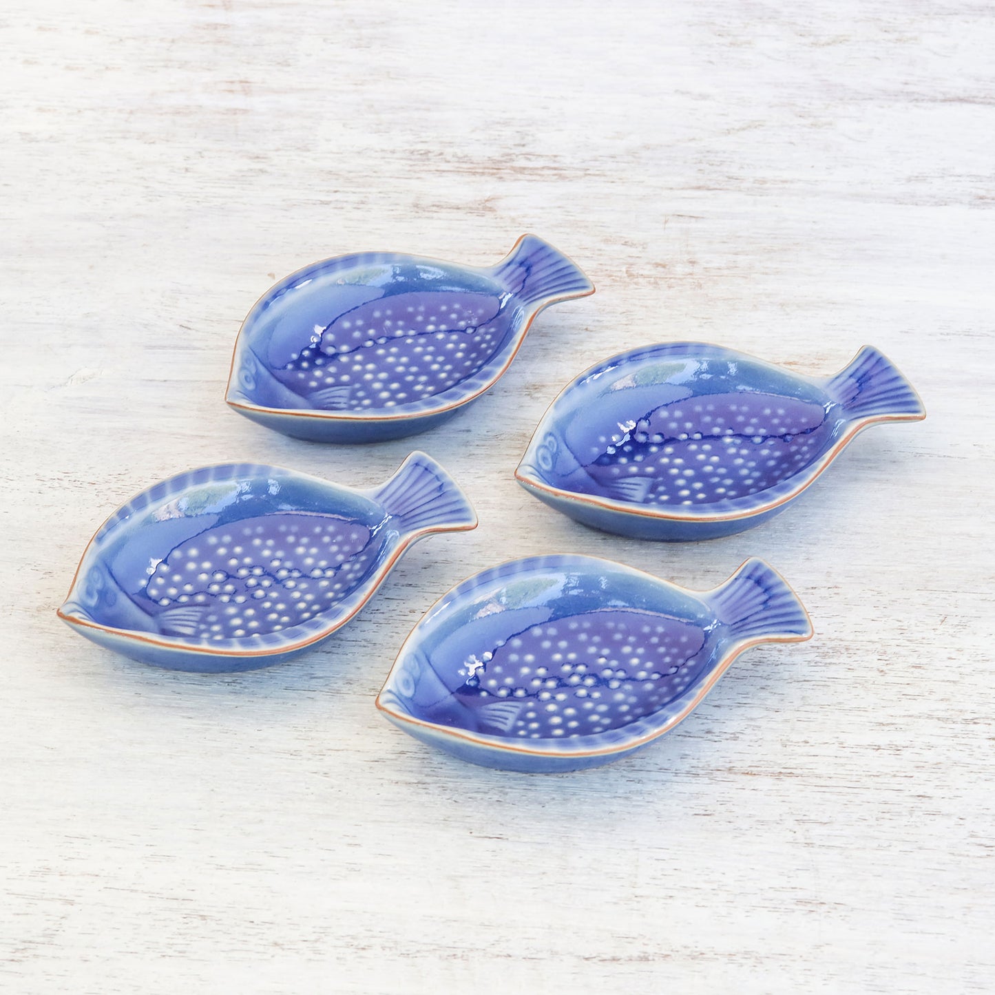 Festive Fish Fish-Shaped Blue Ceramic Appetizer Bowls (Set of 4)