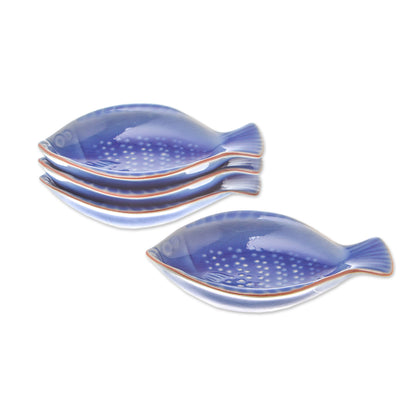 Festive Fish Fish-Shaped Blue Ceramic Appetizer Bowls (Set of 4)