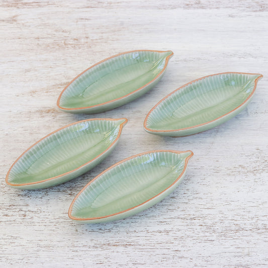 Festive Banana Leaf-Shaped Celadon Ceramic Appetizer Bowls (Set of 4)