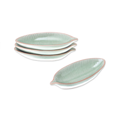 Festive Banana Leaf-Shaped Celadon Ceramic Appetizer Bowls (Set of 4)