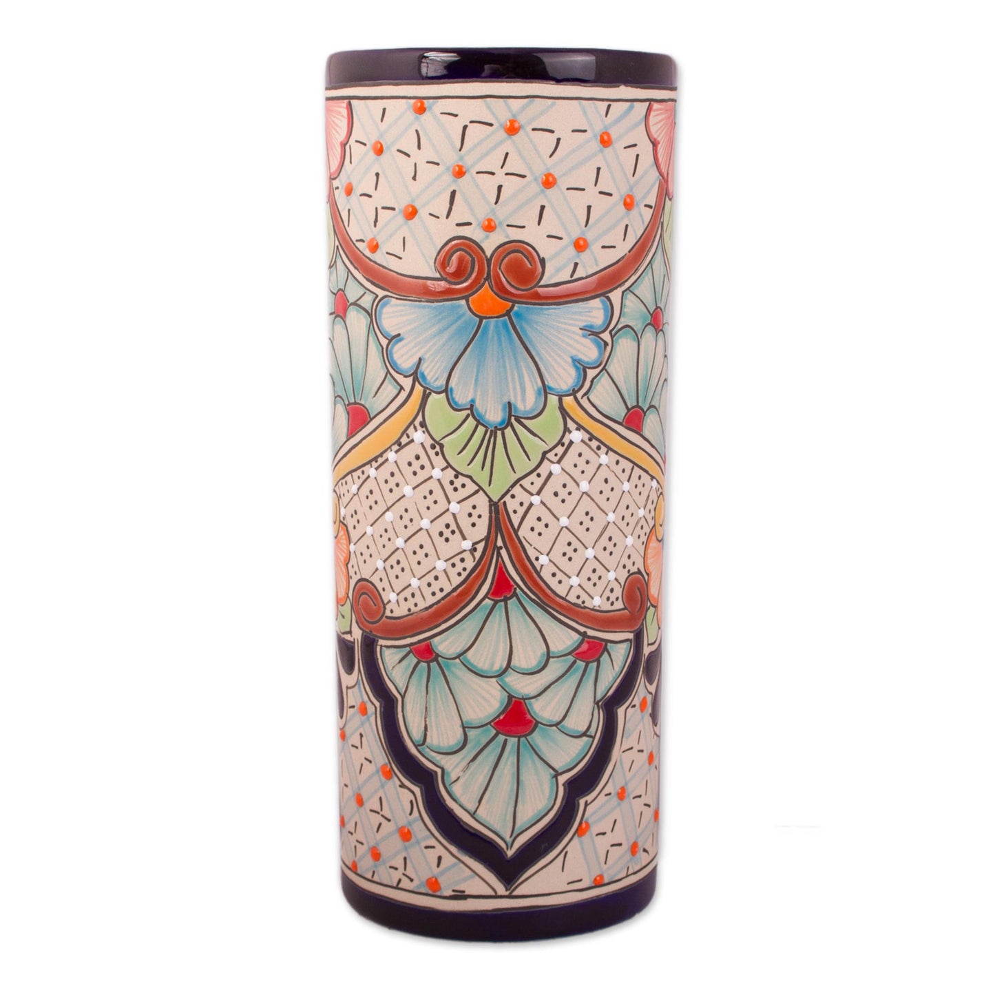 Garden Grandeur Talavera Style Floral Trellis and Dot Motif Ceramic Vase