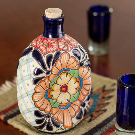 Garden Festivities Oval Floral Motif Talavera Style Ceramic Tequila Decanter