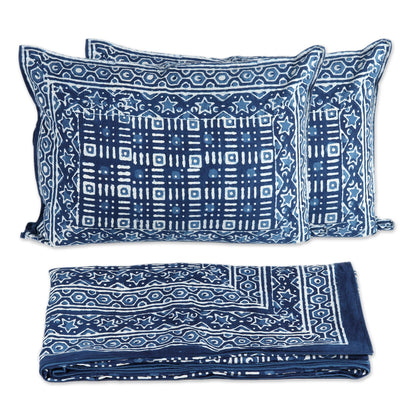 Rajasthani Indigo Hand Screen Printed Indian Cotton Duvet Cover and Shams