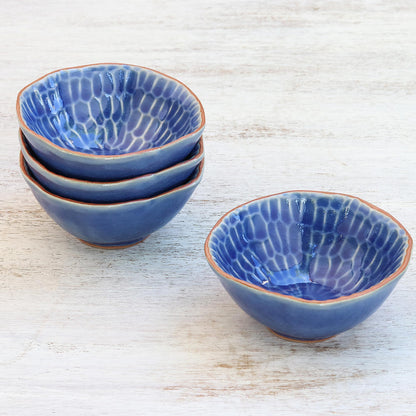 Sunflower Dream Blue Ceramic Appetizer Bowls from Thailand (Set of 4)