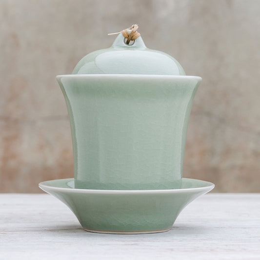 Cup of Comfort in Green Handcrafted Celadon Green Ceramic Soup Cup Lid Saucer Set