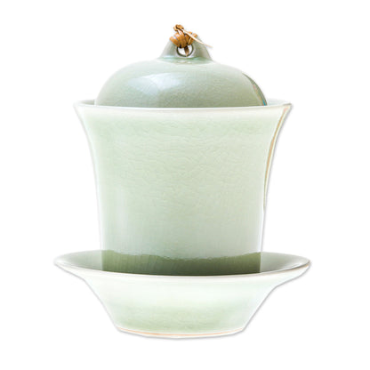 Cup of Comfort in Green Handcrafted Celadon Green Ceramic Soup Cup Lid Saucer Set