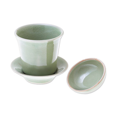 Cup of Comfort in Green Handcrafted Celadon Green Ceramic Soup Cup Lid Saucer Set