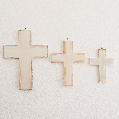 Symbol of Love in White Wood Wall Crosses in White from Guatemala (Set of 3)