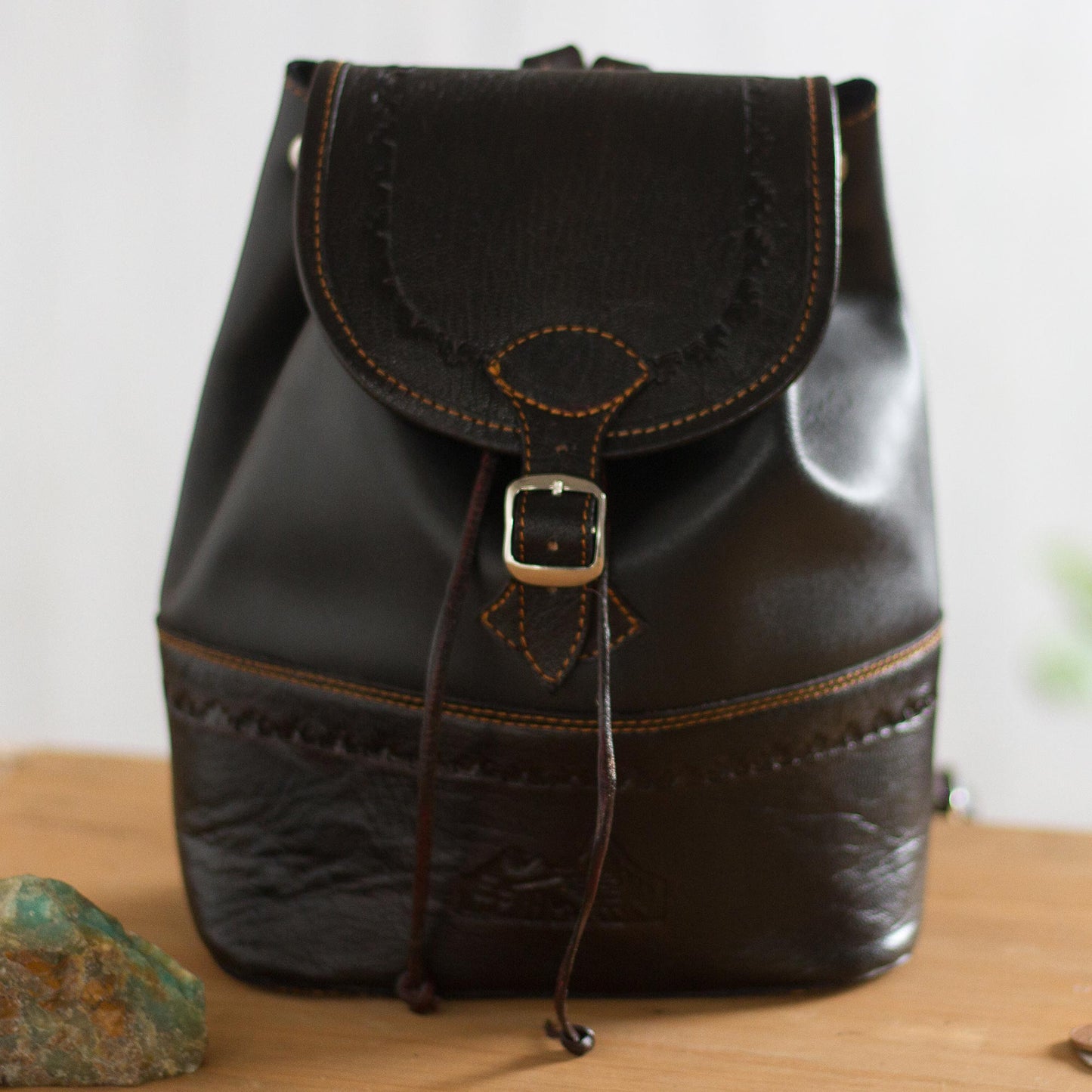 Machu Picchu Journey Handcrafted Leather Backpack in Black from Peru