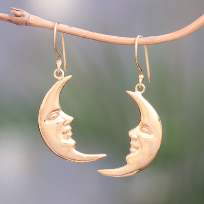 Happy Moon Gold Plated Sterling Silver Moon Dangle Earrings from Bali