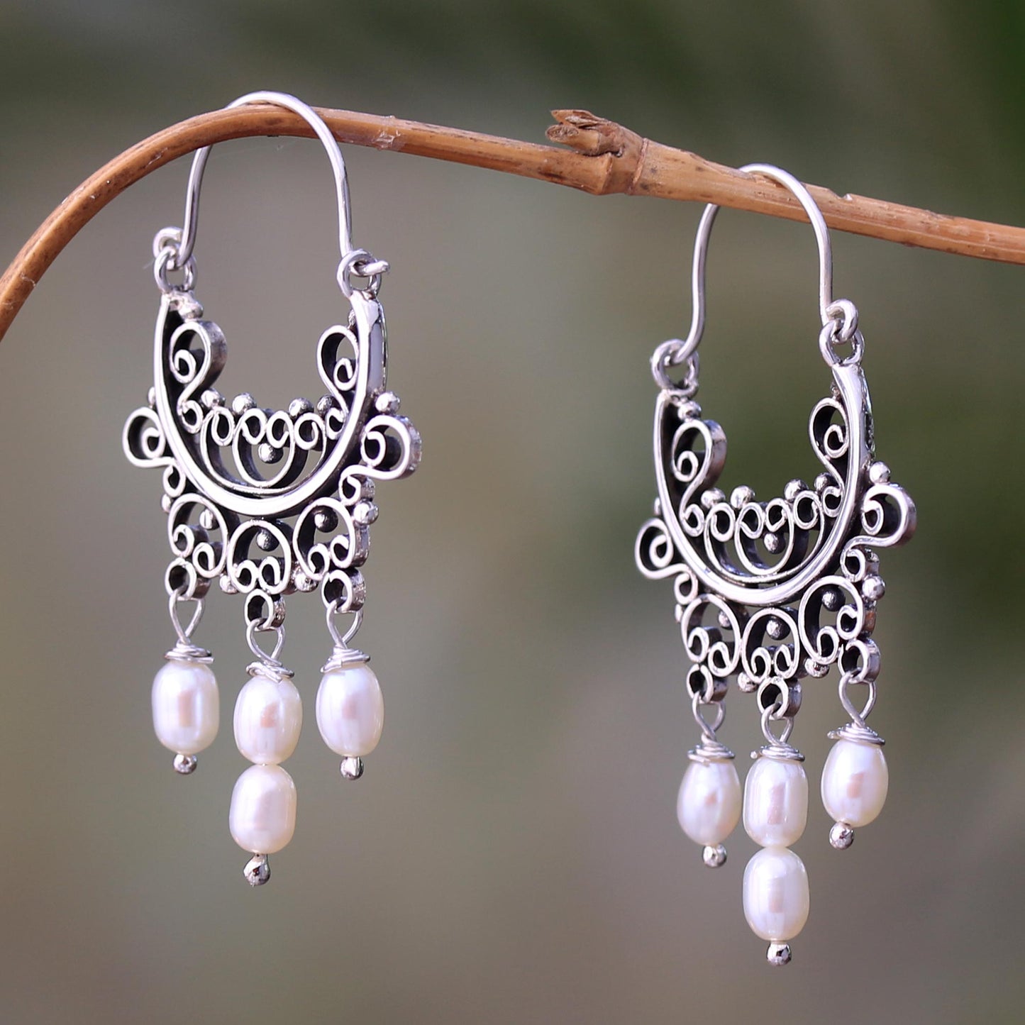 Silver-White Dew Silver-White Cultured Pearl Chandelier Earrings from Bali