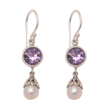 Fruit of Light Amethyst and Cultured Pearl Dangle Earrings from Bali