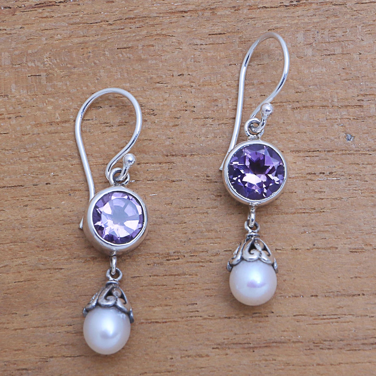 Fruit of Light Amethyst and Cultured Pearl Dangle Earrings from Bali