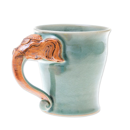 Elephant Handle in Green Celadon Ceramic Elephant Mug in Green from Thailand (10 oz.)