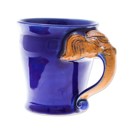 Elephant Handle in Blue Celadon Ceramic Elephant Mug in Blue from Thailand (10 oz.)