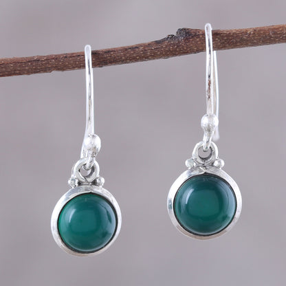 Happy Glow Round Green Onyx Dangle Earrings from India