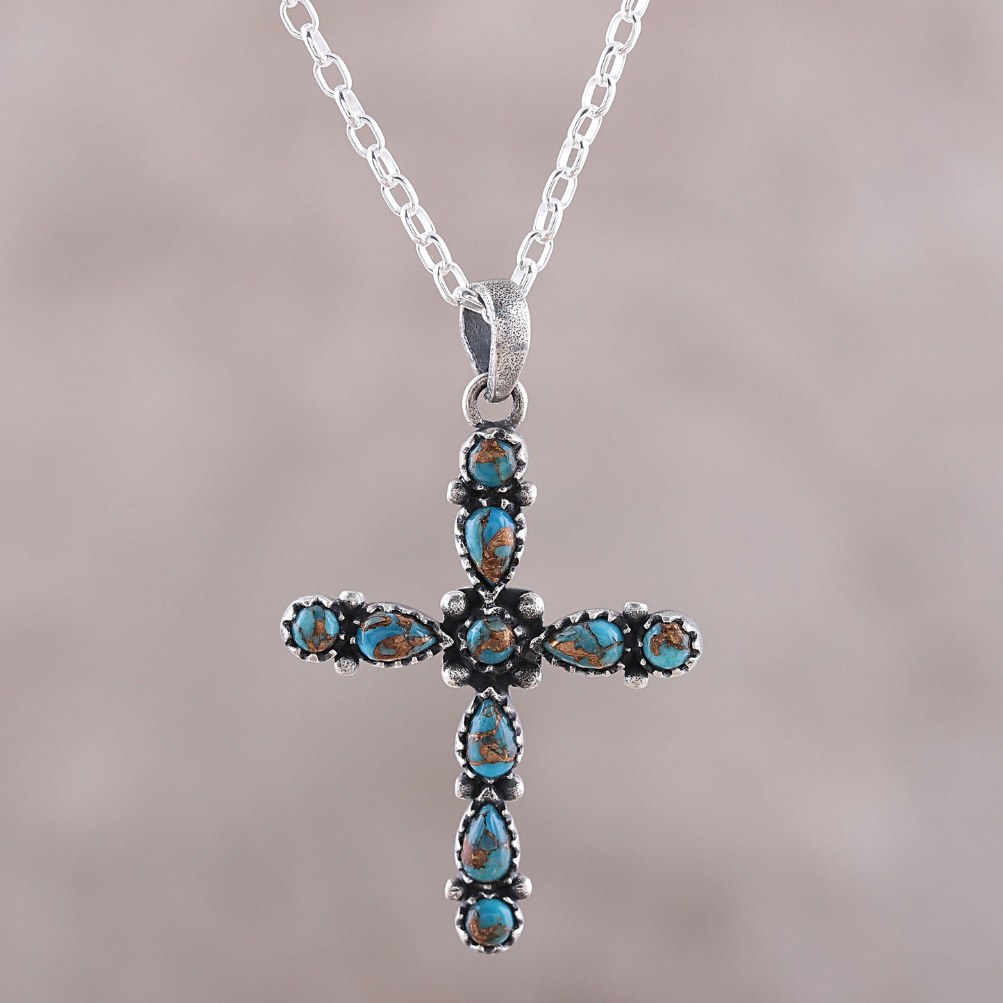 Vibrant Cross 925 Sterling Silver and Composite Turquoise Cross Necklace