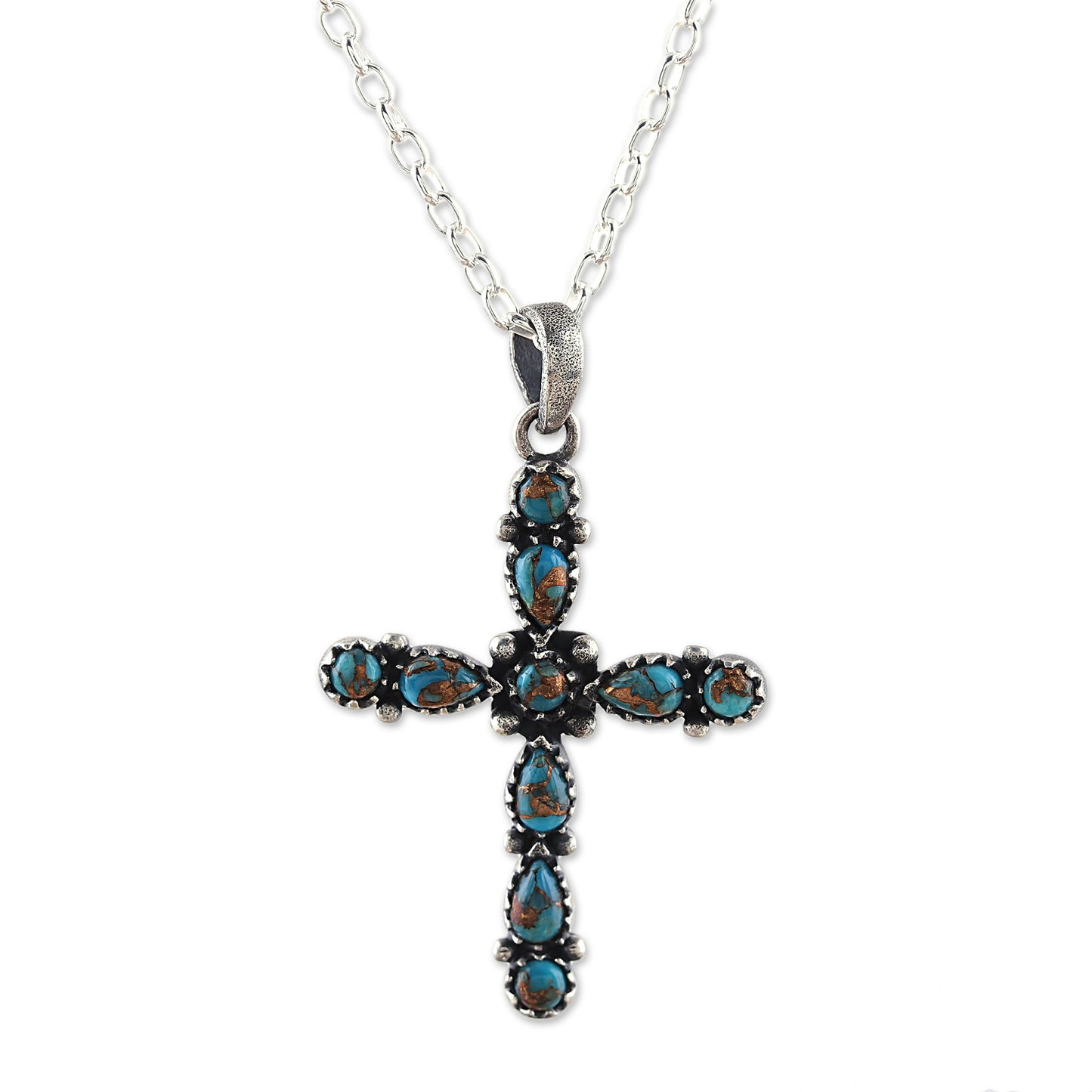 Vibrant Cross 925 Sterling Silver and Composite Turquoise Cross Necklace