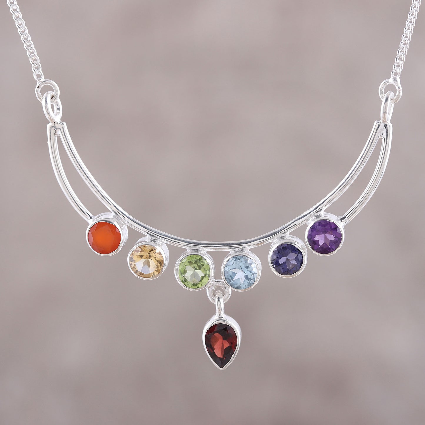 Peaceful Crescent Handmade Sterling Silver and Multi-Gemstone Chakra Necklace