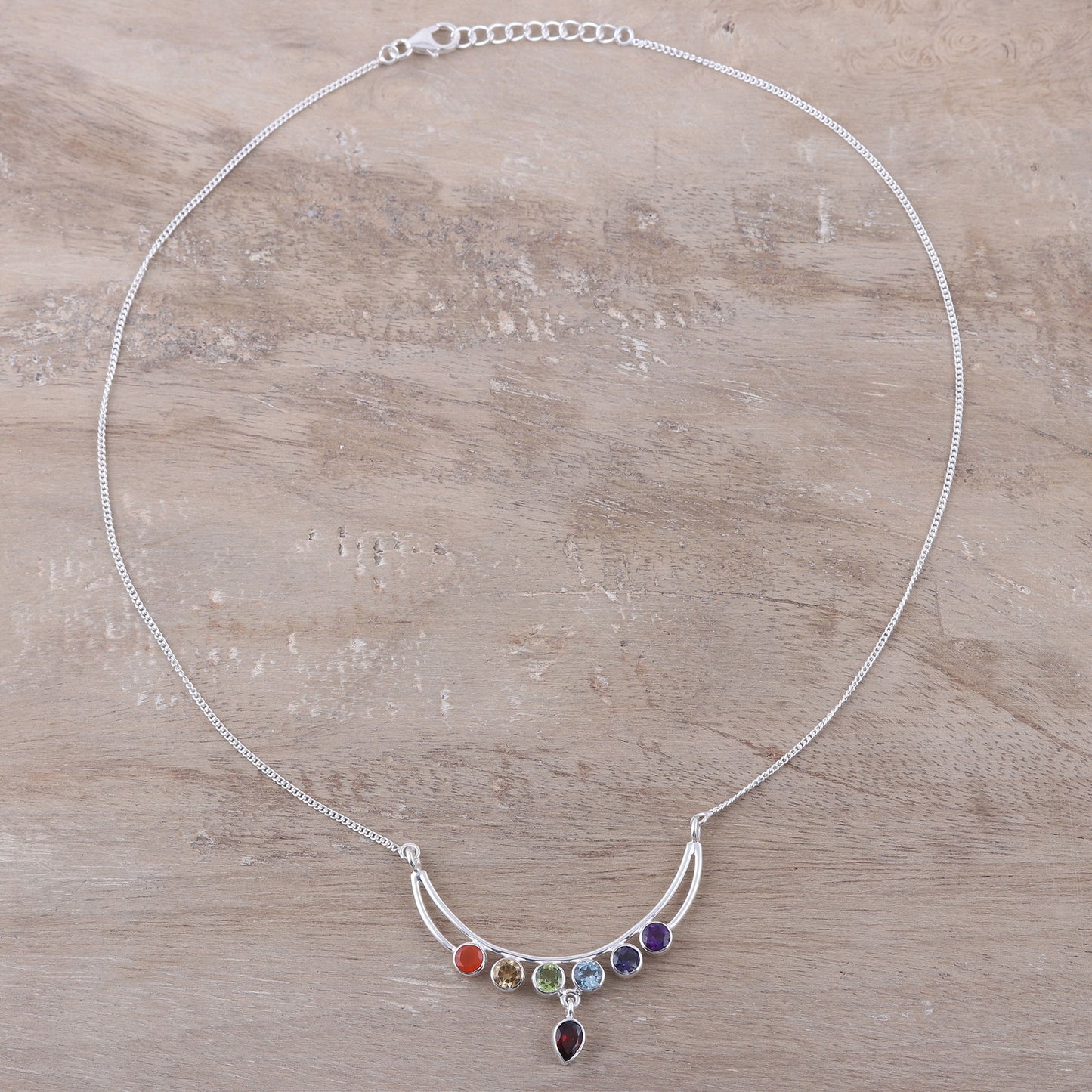 Peaceful Crescent Handmade Sterling Silver and Multi-Gemstone Chakra Necklace