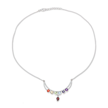 Peaceful Crescent Handmade Sterling Silver and Multi-Gemstone Chakra Necklace