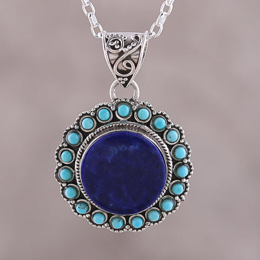 Glamorous Bloom Lapis Lazuli and Composite Turquoise Pendant Necklace