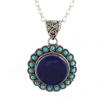 Glamorous Bloom Lapis Lazuli and Composite Turquoise Pendant Necklace