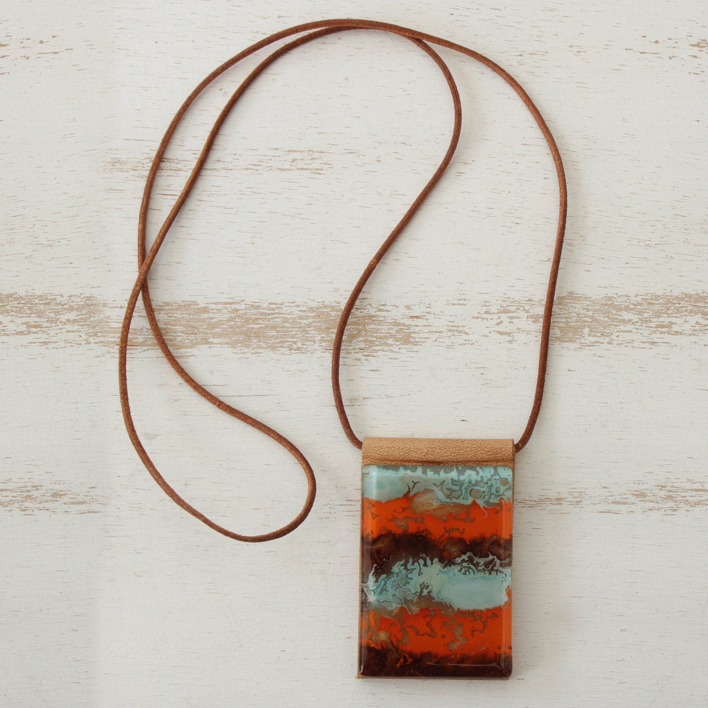 Waves of Fire Glass & Leather Pendant Necklace