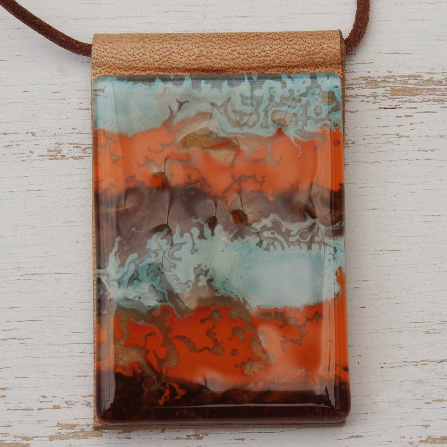 Waves of Fire Glass & Leather Pendant Necklace