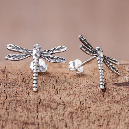 Dragonfly Buzz Sterling Silver Dragonfly Button Earrings from Thailand