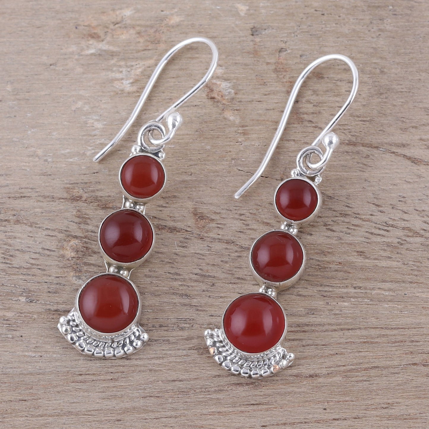 Triple Gleam Round Carnelian and Sterling Silver Dangle Earrings