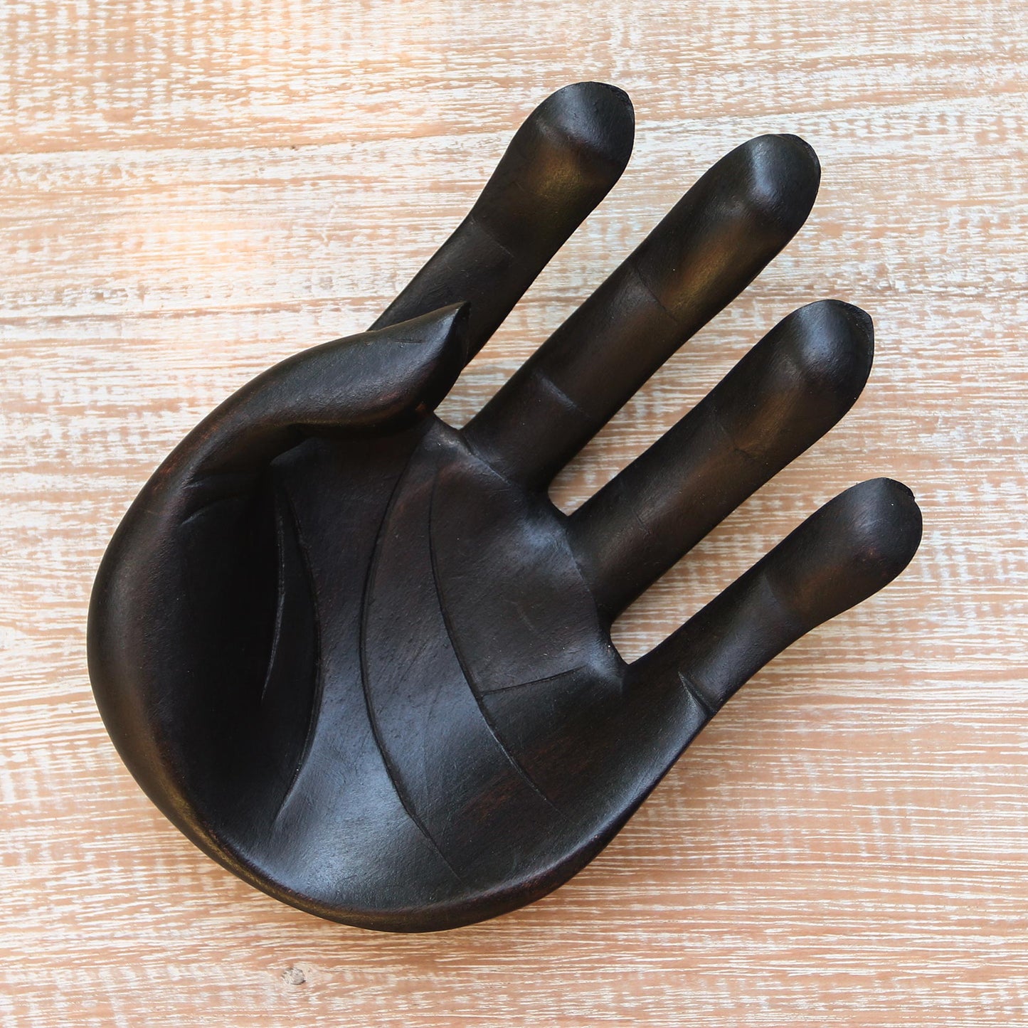 Black Palm Hand-Carved Wood Sculpture of a Hand in Black from Indonesia