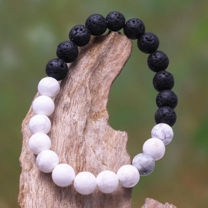 Mesmerizing Contrast Ceramic and Lava Stone Beaded Stretch Bracelet from Bali