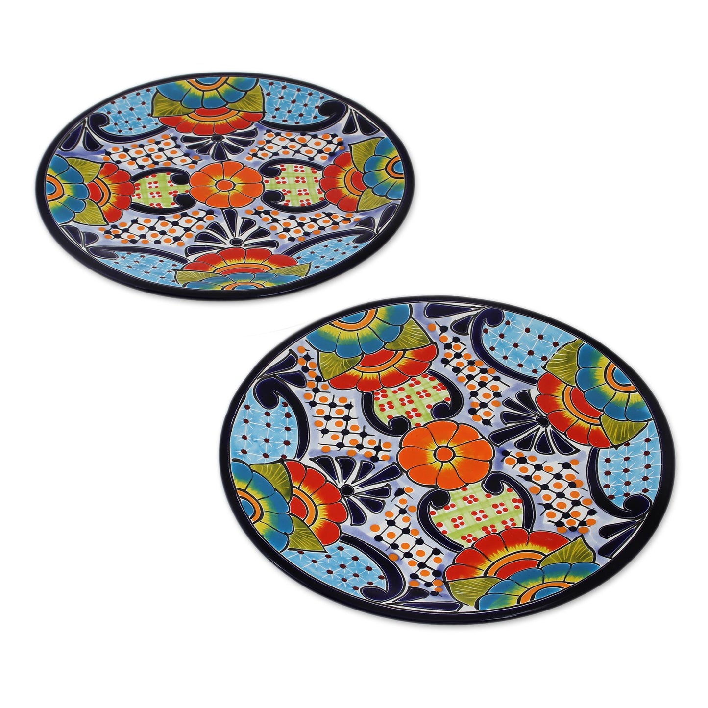 Raining Flowers Talavera Ceramic Dinner Plates from Mexico (Pair)