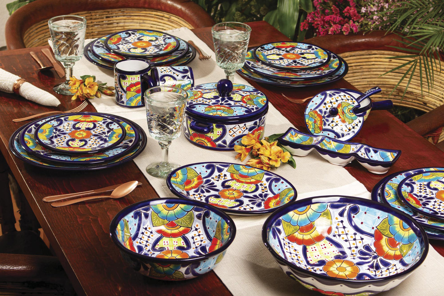 Raining Flowers Talavera Ceramic Dinner Plates from Mexico (Pair)