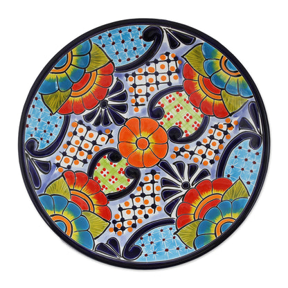 Raining Flowers Talavera Ceramic Dinner Plates from Mexico (Pair)