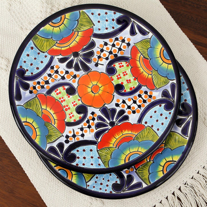 Raining Flowers Talavera Ceramic Salad Plates from Mexico (Pair)